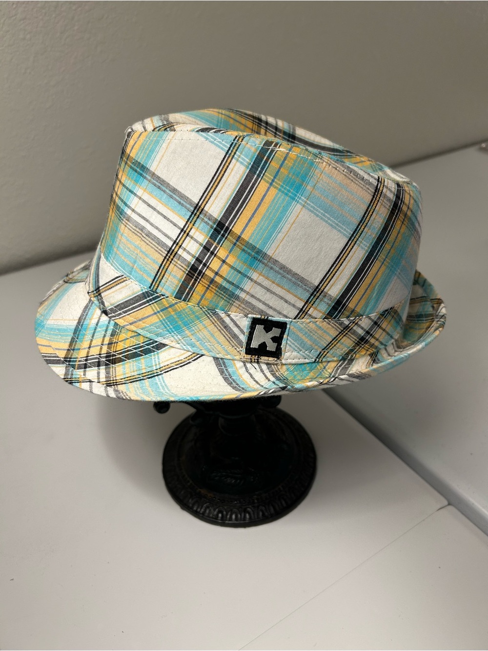 Kenny K Plaid Fedora Hat in Teal & Yellow - Size L
